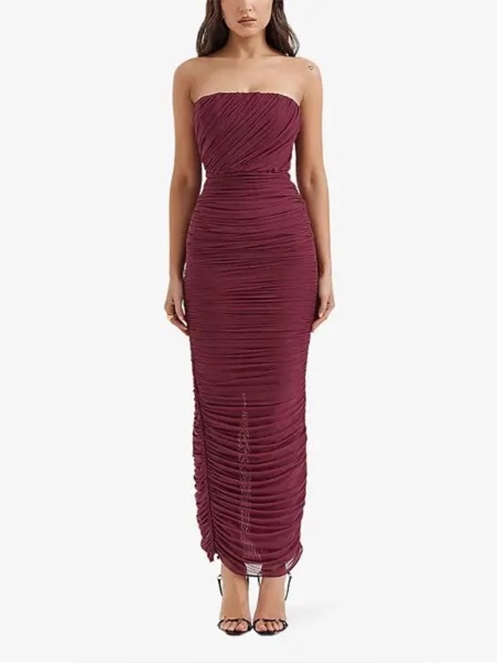 House of CB Strapless Ruched Wine Midi Gown